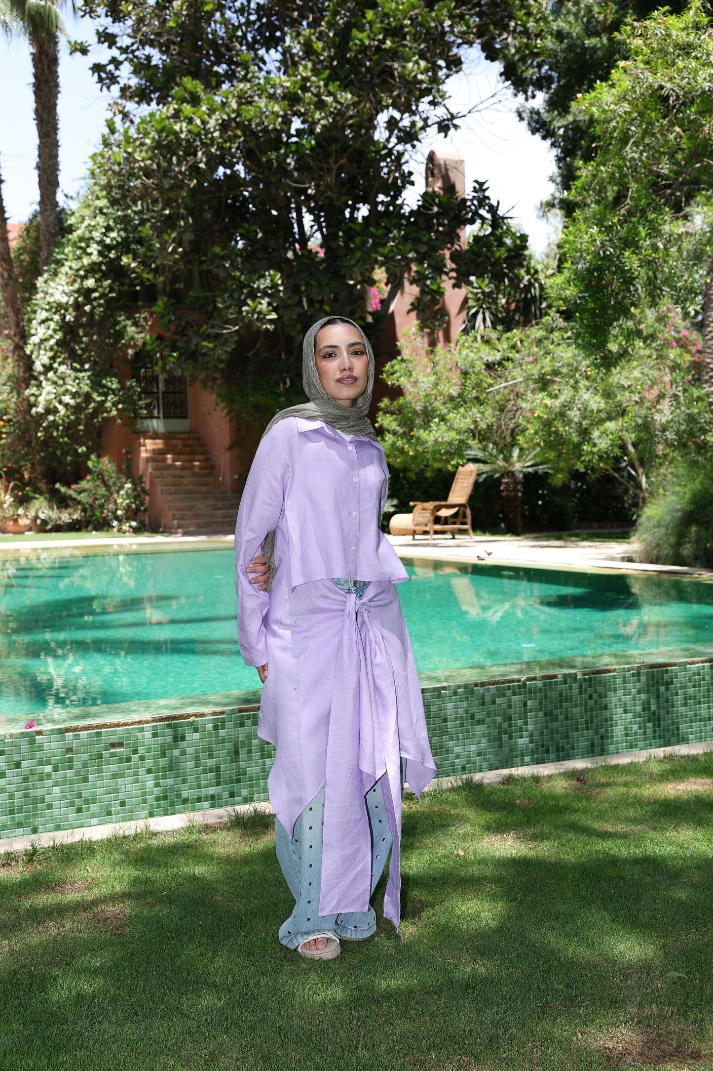 Paneled Tie-front shirt In Lilac