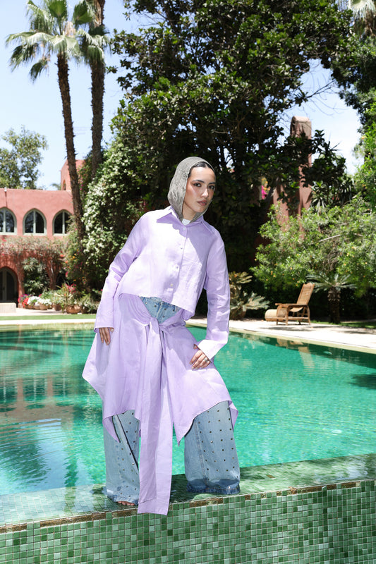 Paneled Tie-front shirt In Lilac