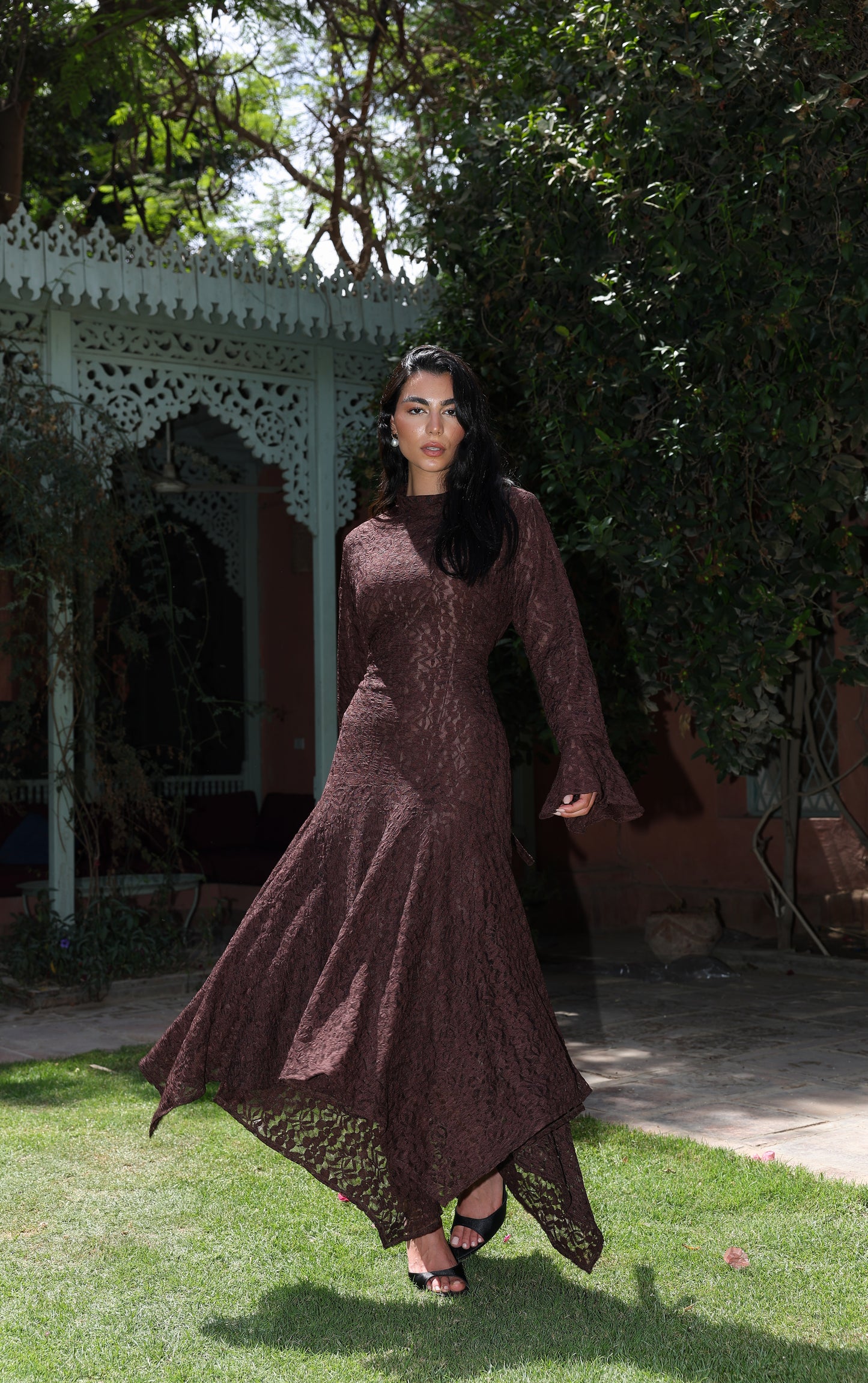 lace star dress in brown , fully lined**