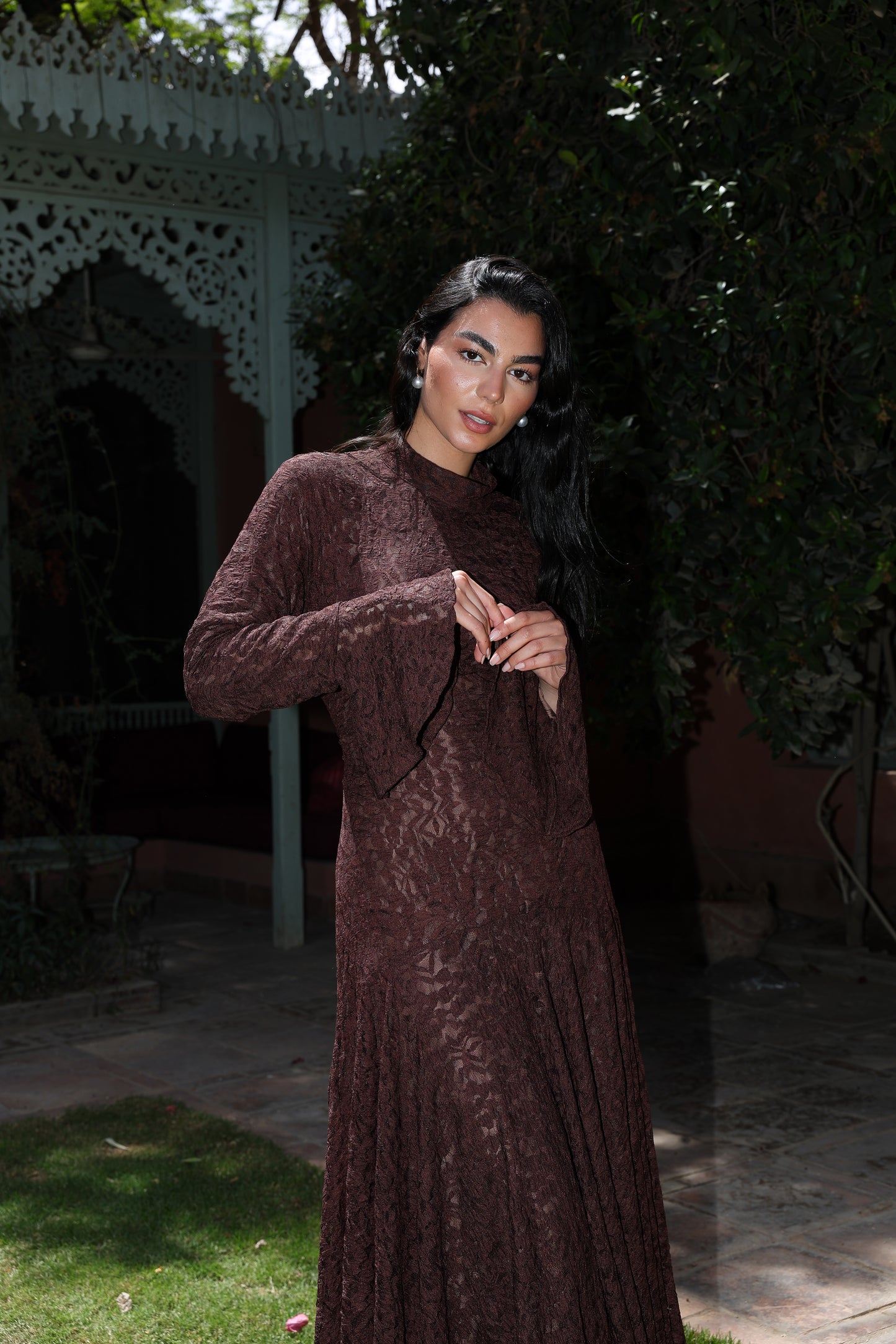 lace star dress in brown , fully lined**