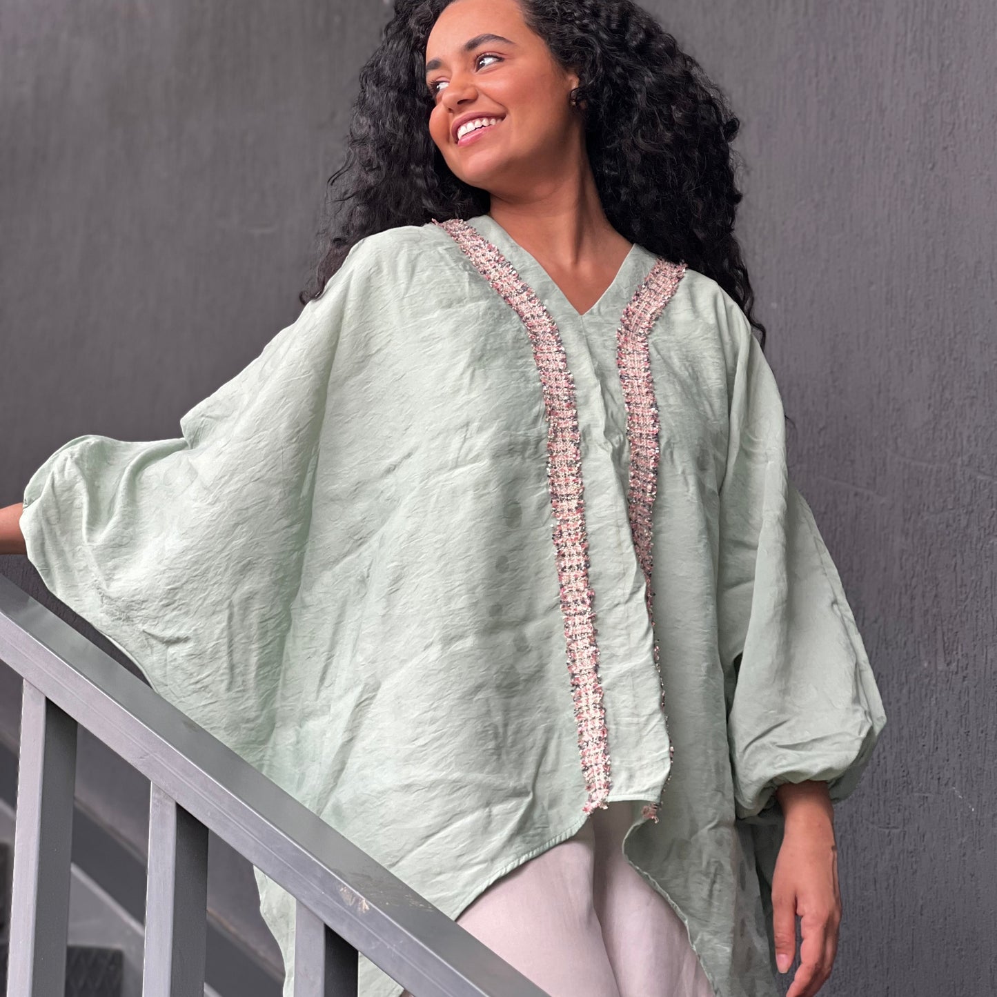 Mint linen jacquard high and low free size blouse