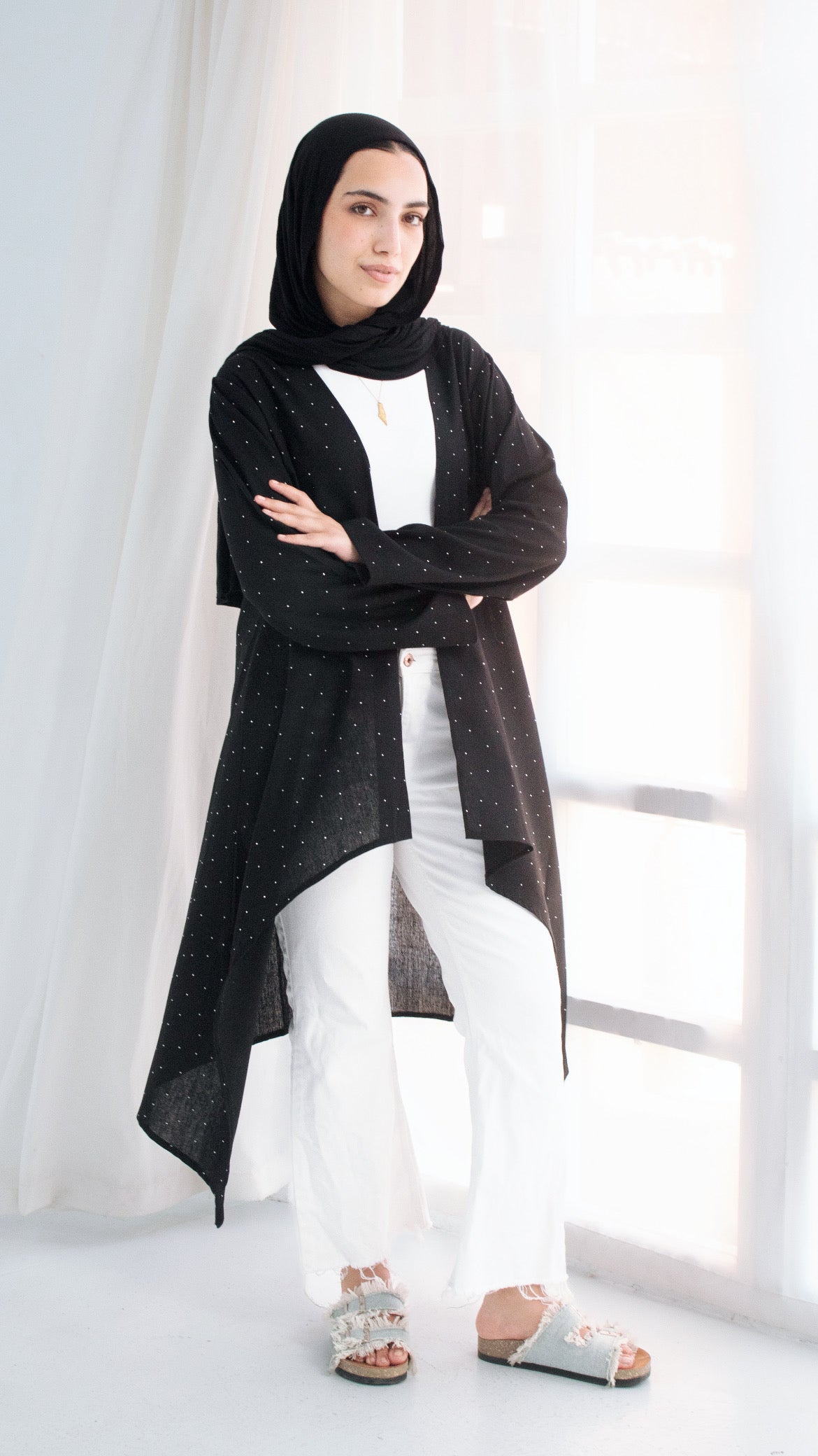 Studded black linen cardigan