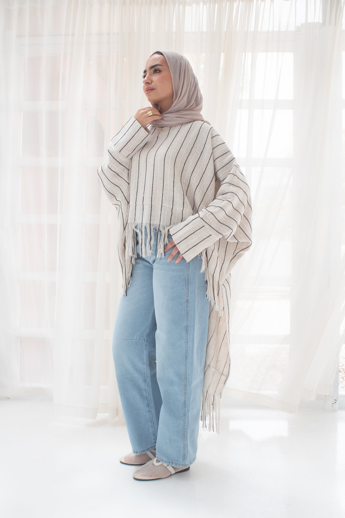 Boho stripped high and low linen blouse