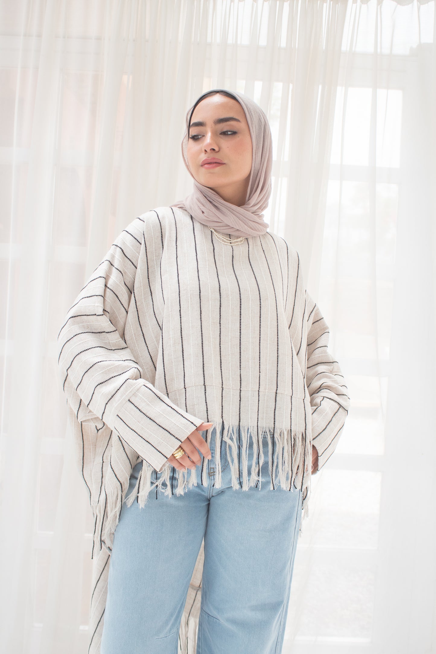 Boho stripped high and low linen blouse