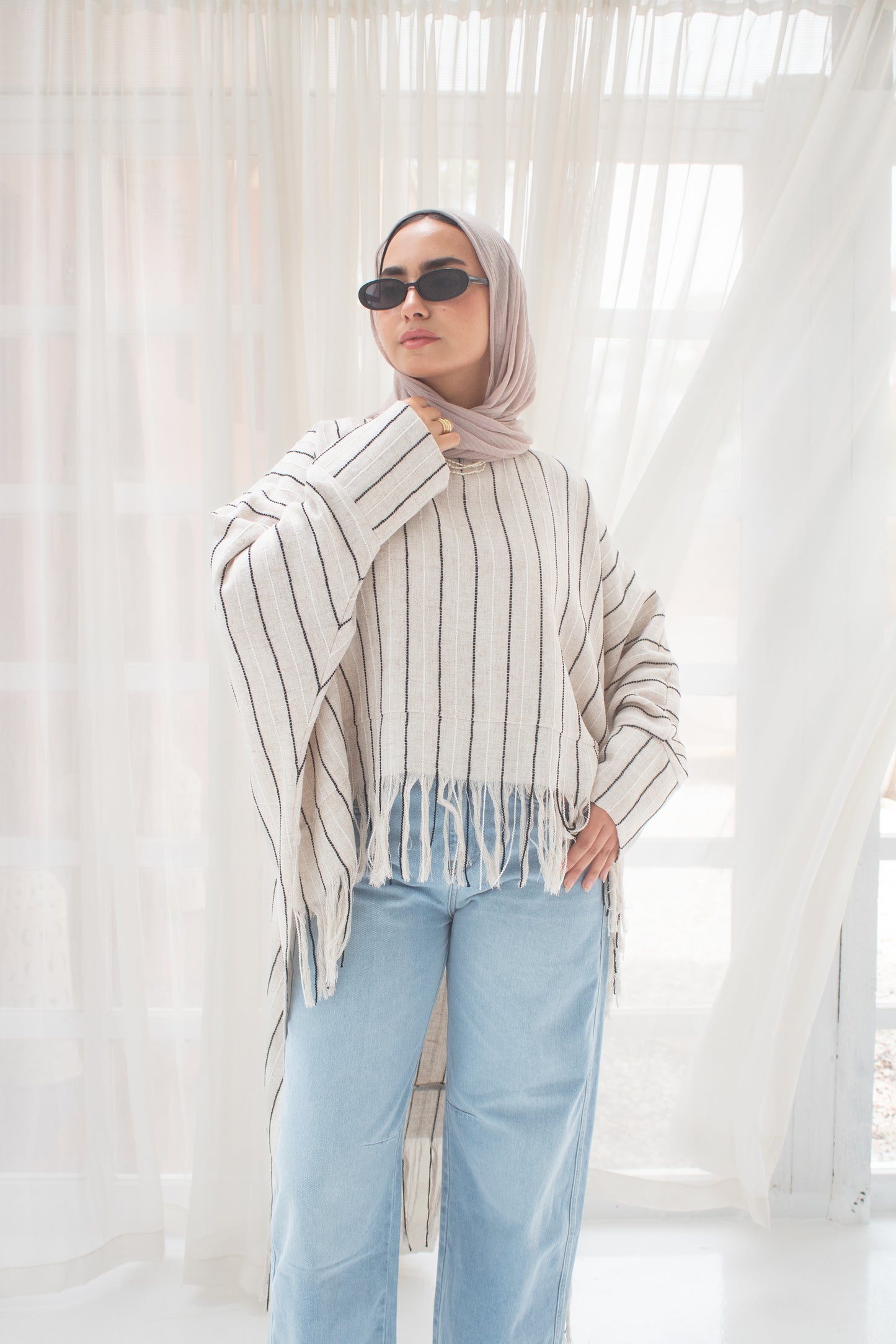 Boho stripped high and low linen blouse