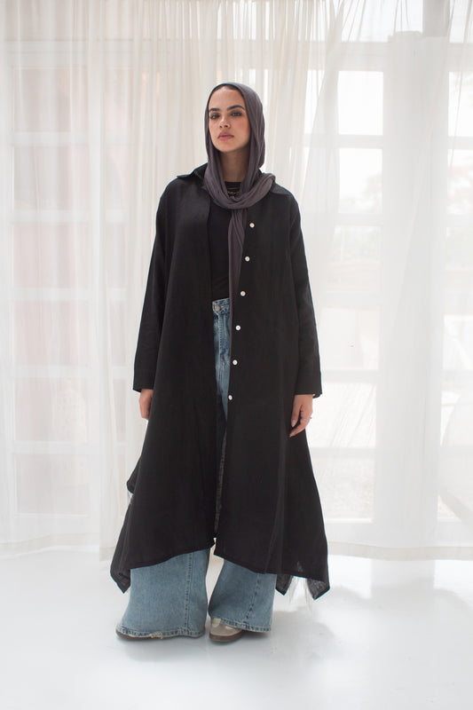 Black pure linen long shirt dress