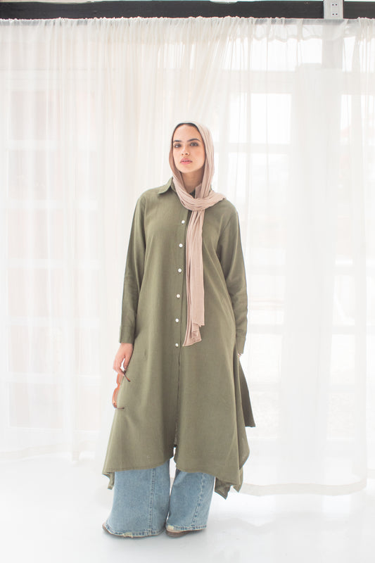 Olive linen mixed with cotton long shirt dress