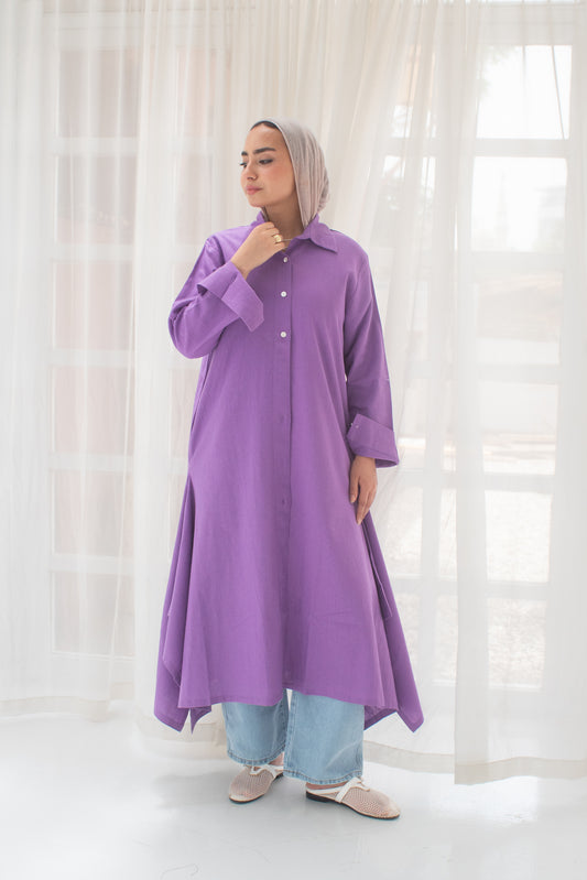 Purple linen mixed with cotton long shirt dress
