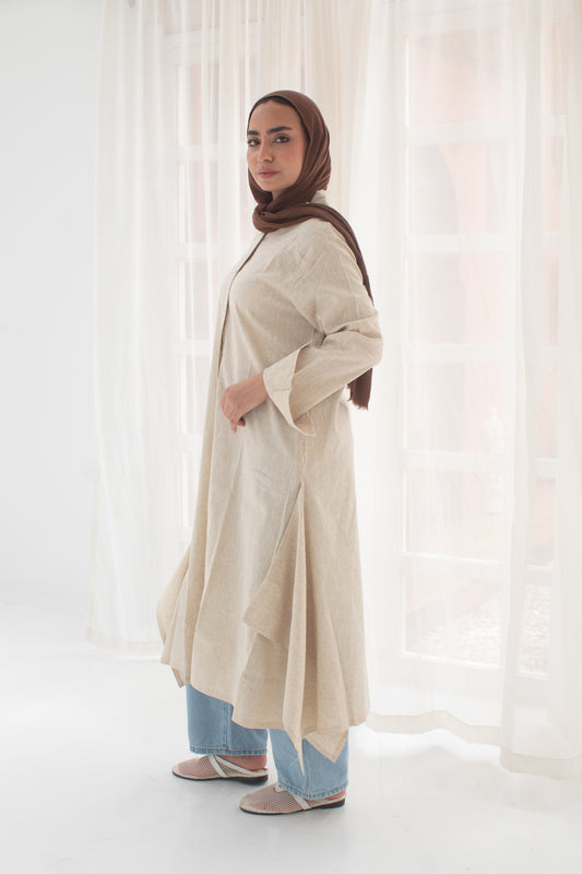 Beige pure linen long shirt dress