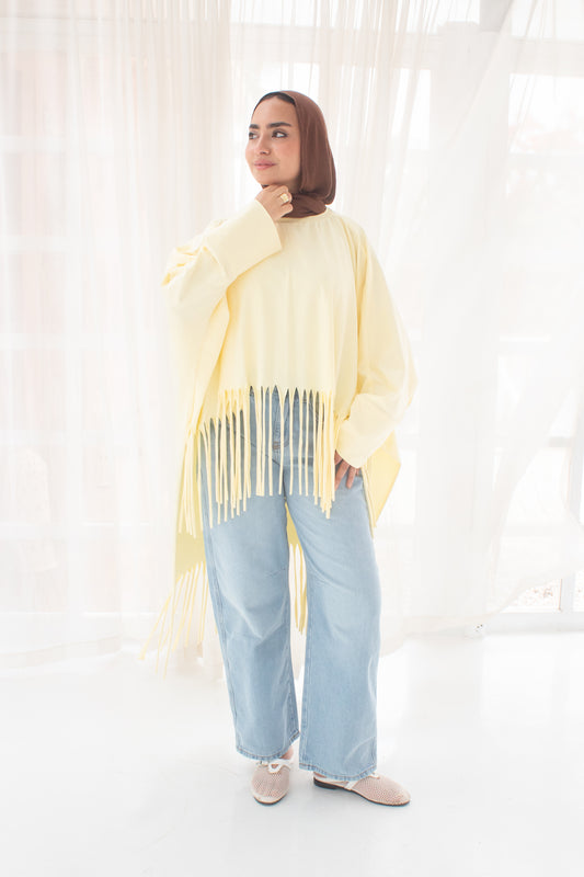 Soft cotton oversized T-shirt with fringes In yellow