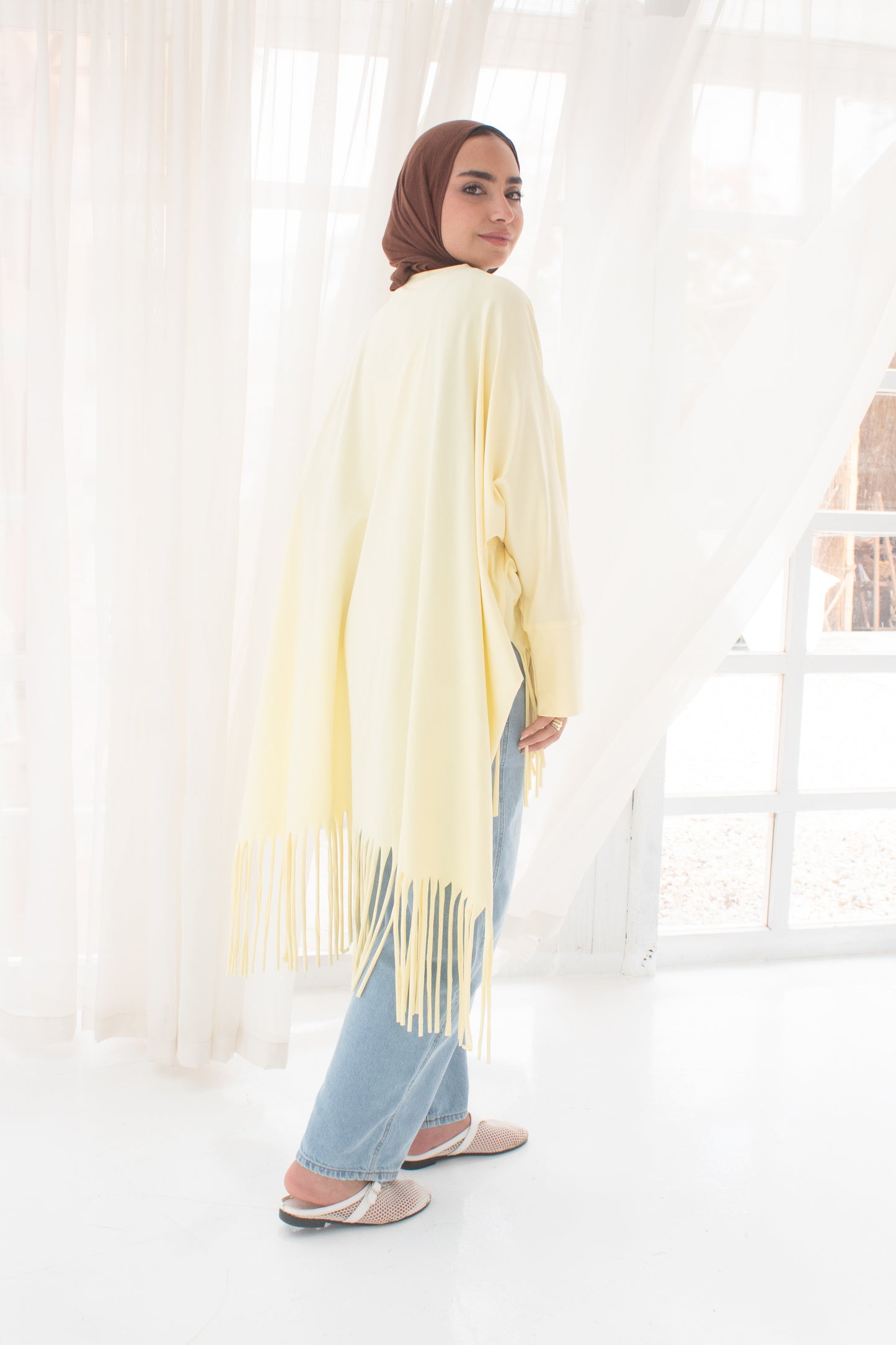 Soft cotton oversized T-shirt with fringes In yellow
