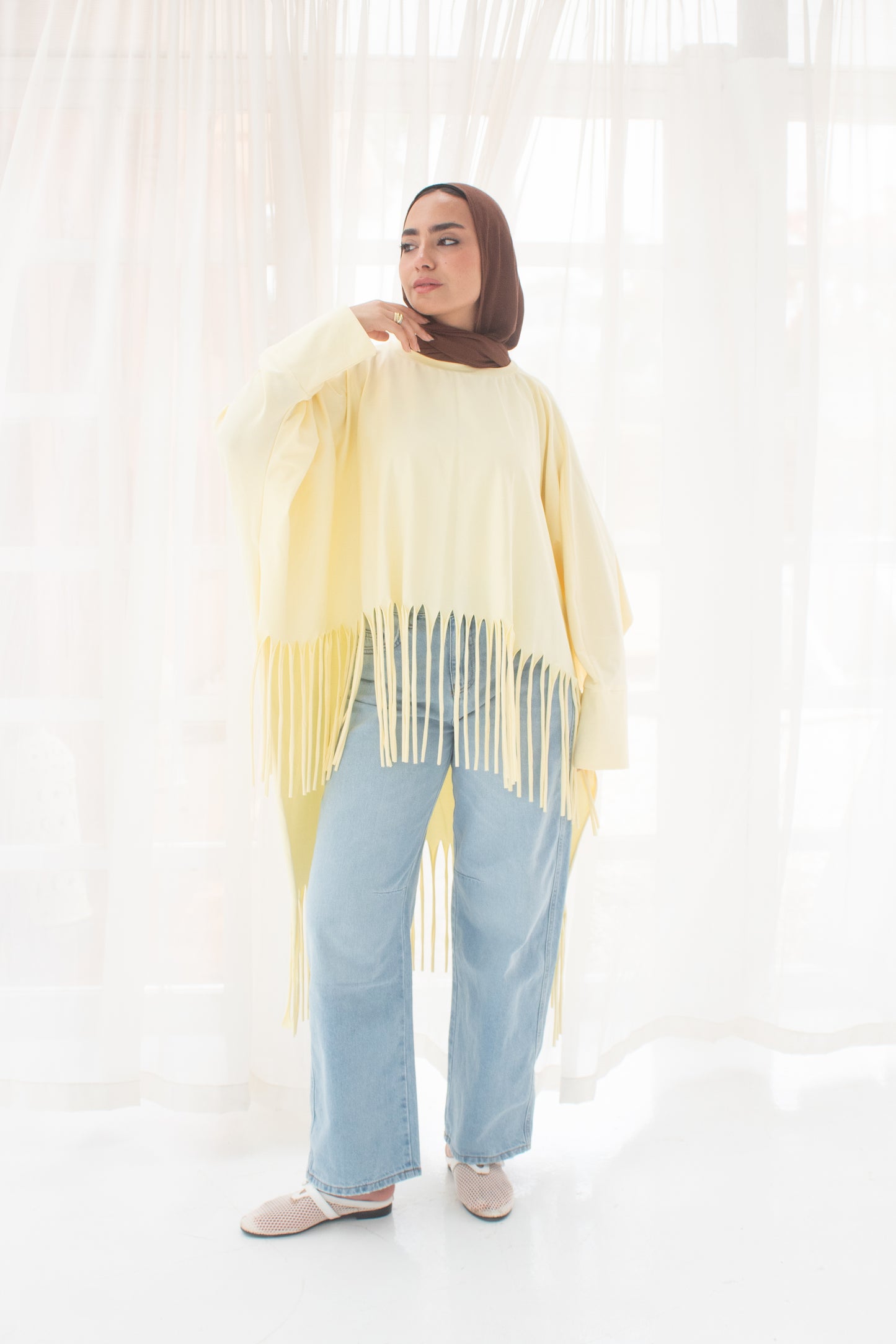 Soft cotton oversized T-shirt with fringes In yellow