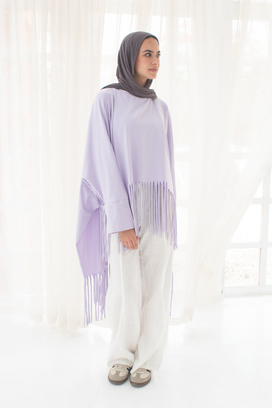 Soft cotton oversized T-shirt with fringes In lilac