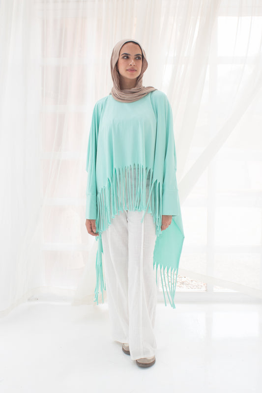 Soft cotton oversized T-shirt with fringes in aqua sky