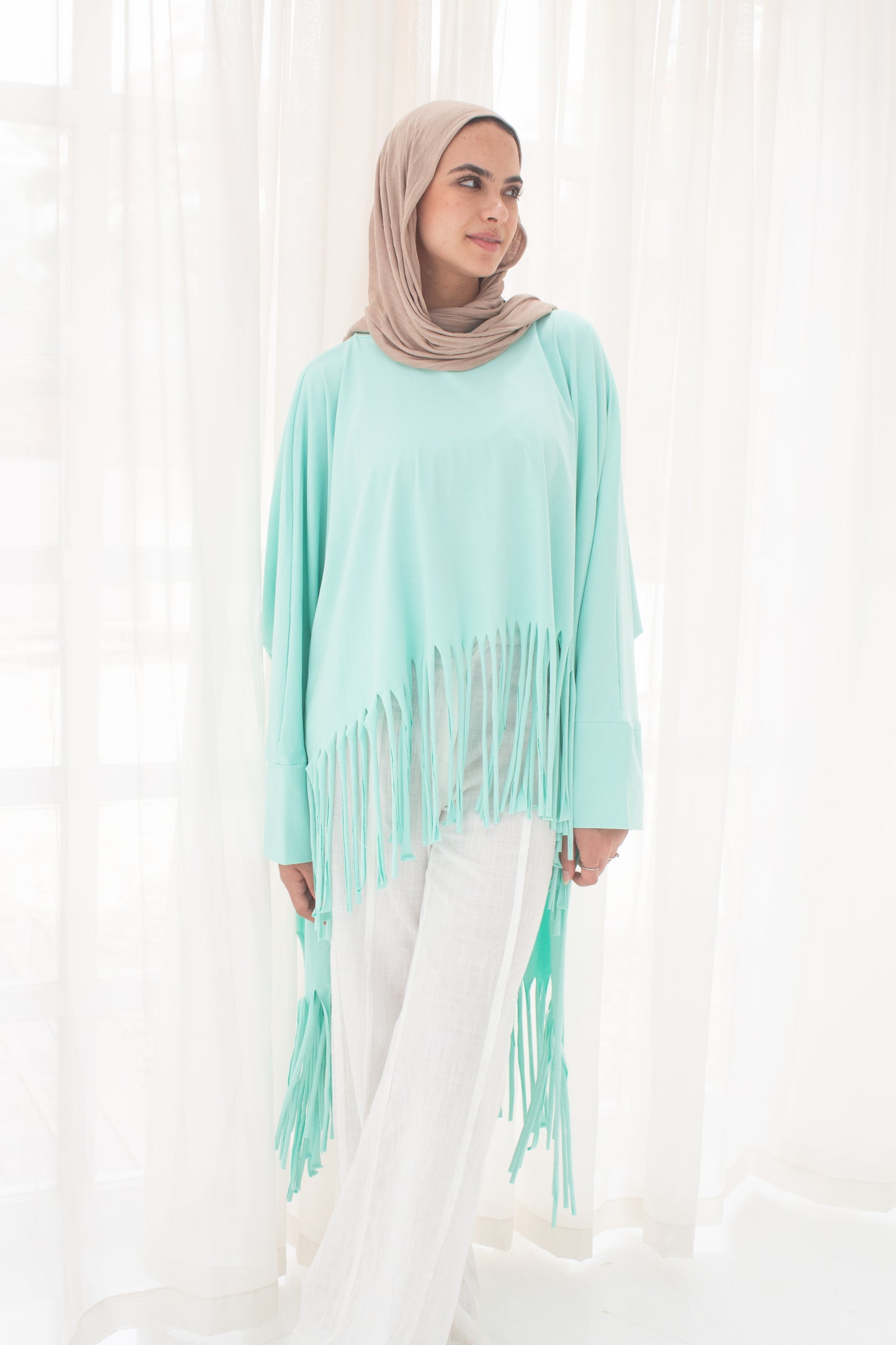 Soft cotton oversized T-shirt with fringes in aqua sky