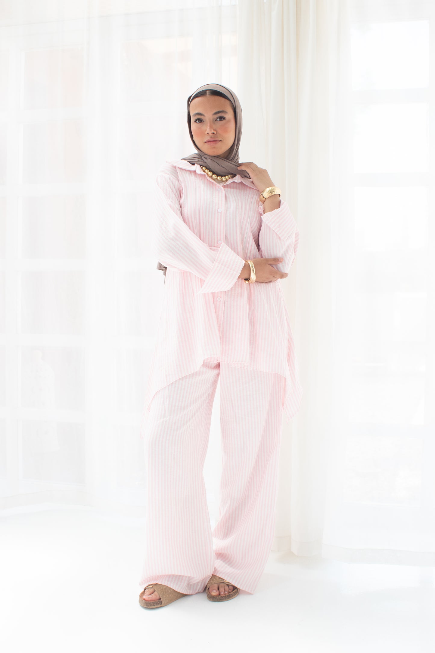 Stripped poplin set in light pink