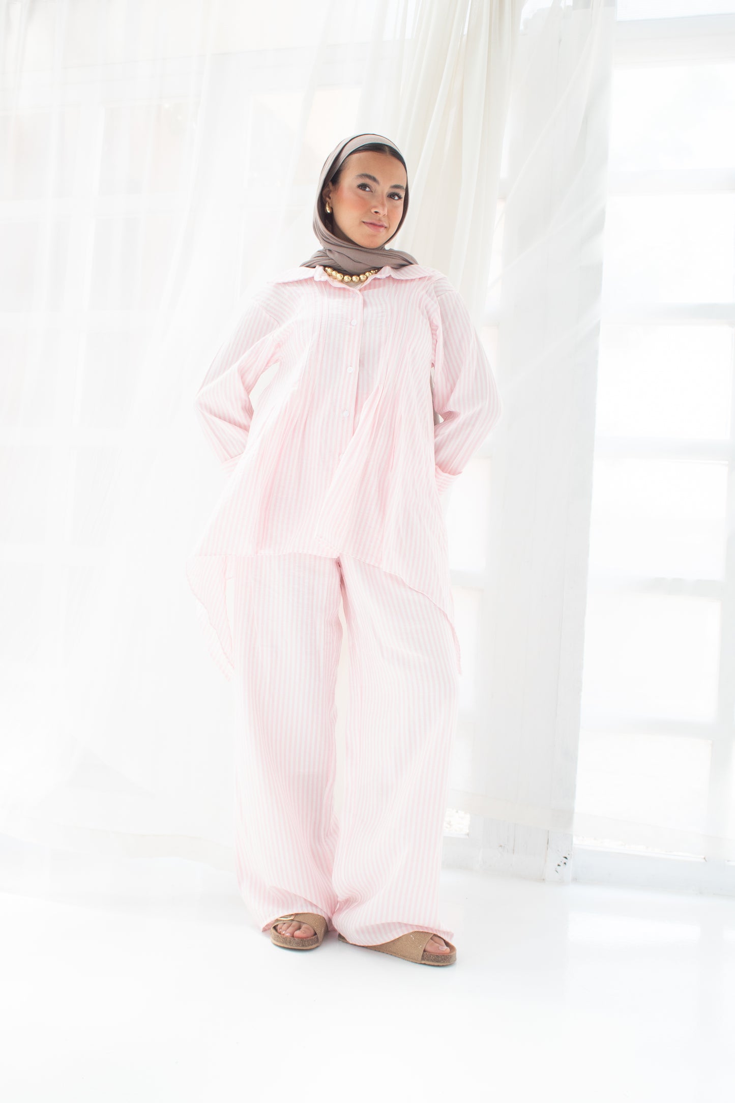 Stripped poplin set in light pink