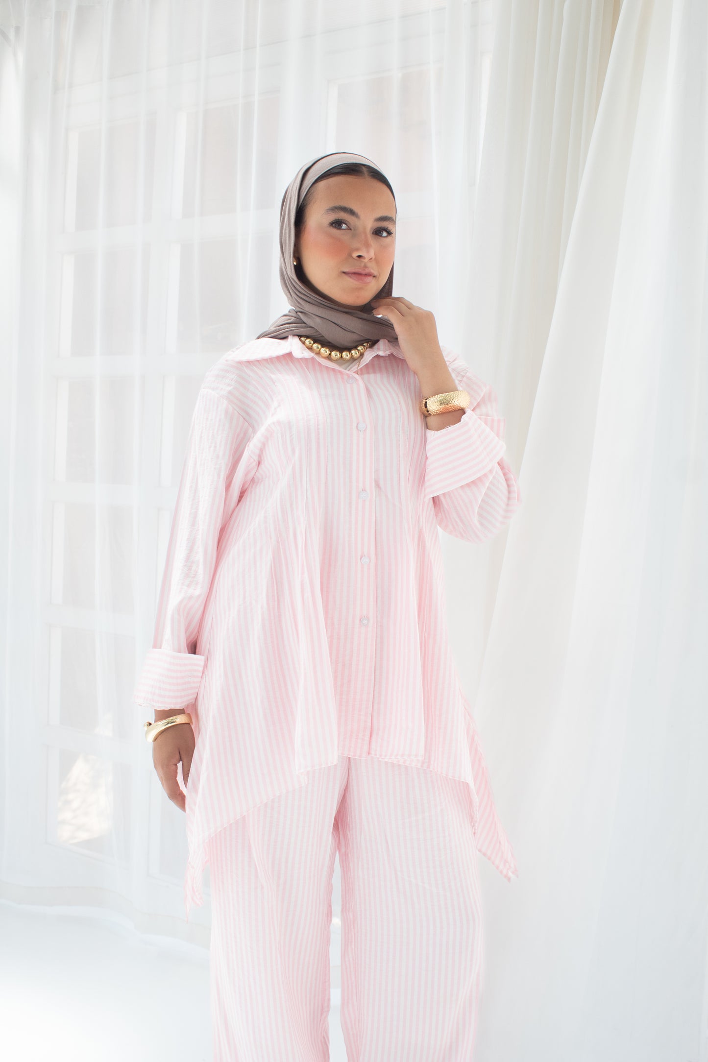 Stripped poplin set in light pink