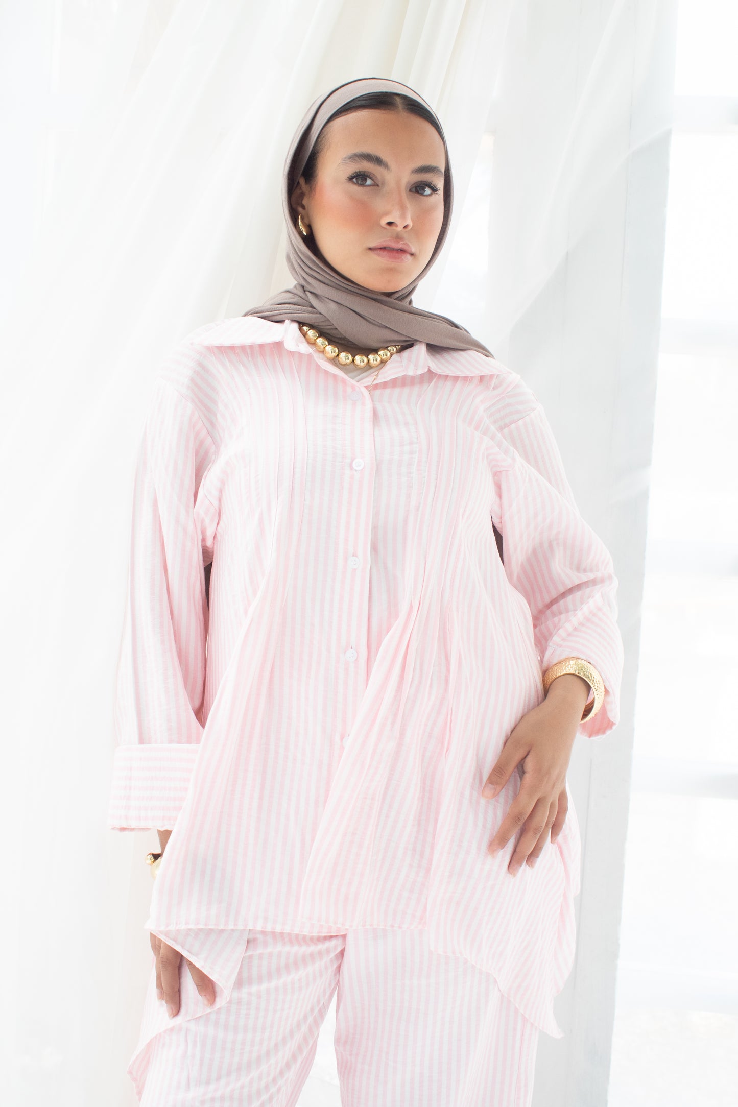 Stripped poplin set in light pink