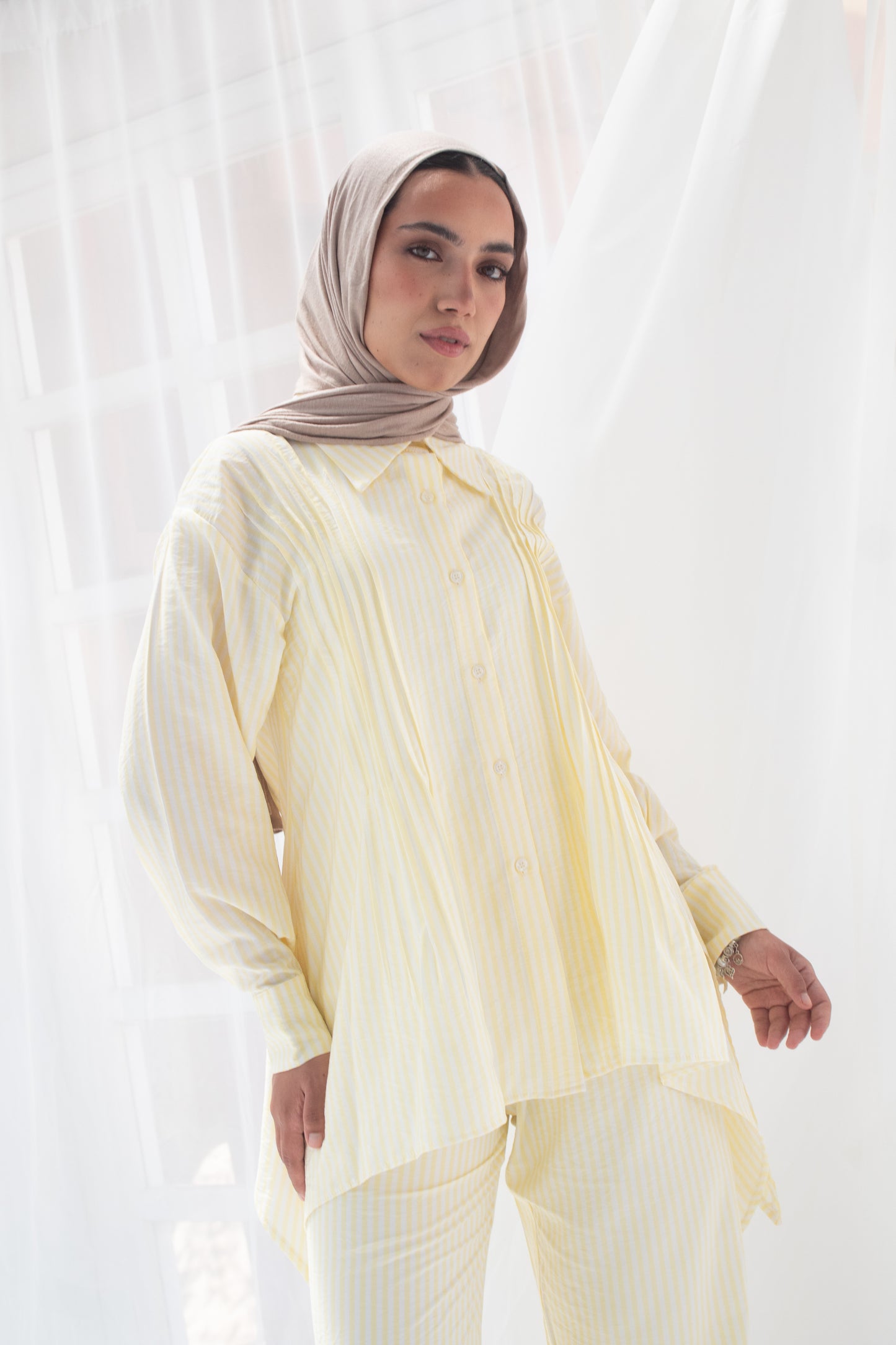Stripped poplin set in yellow