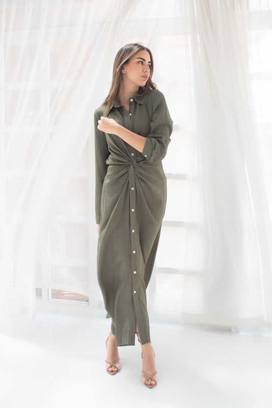 (Soli dress)olive glass (Linen Mixed with Silk)dress