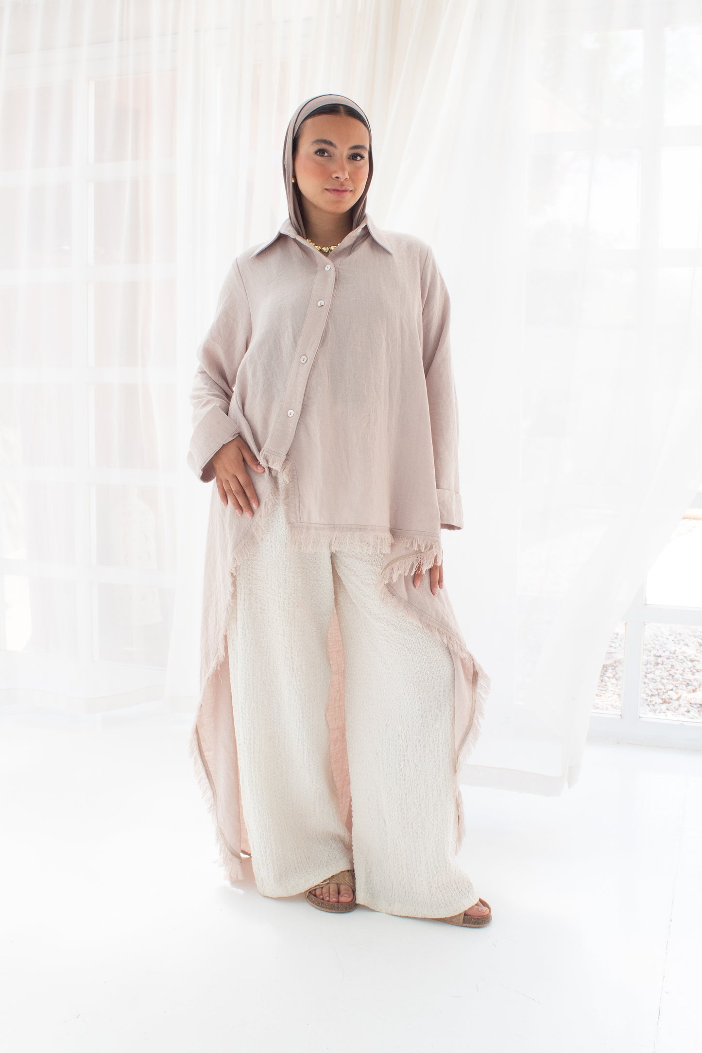 Boho high and low linen blouse in Beige