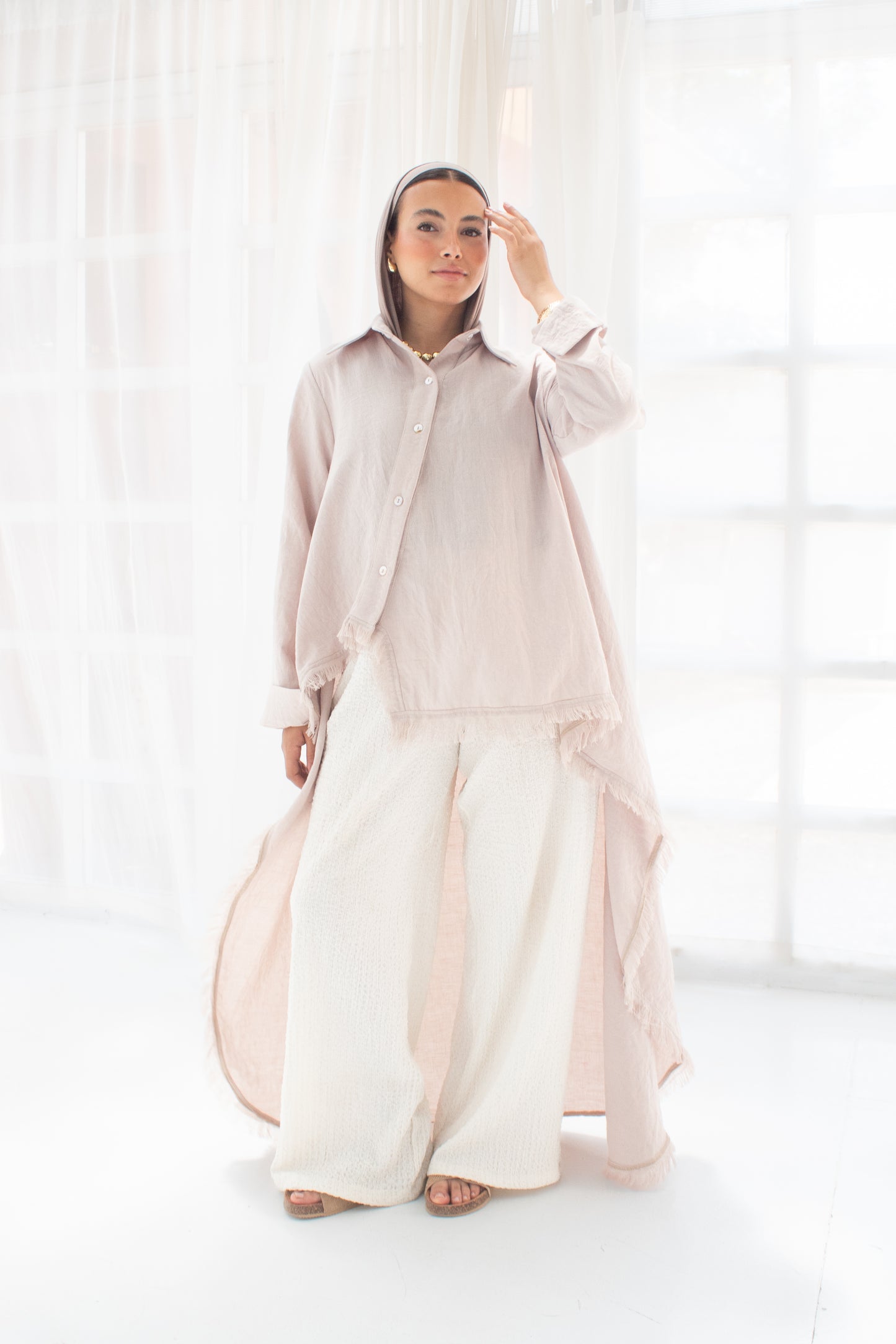 Boho high and low linen blouse in Beige