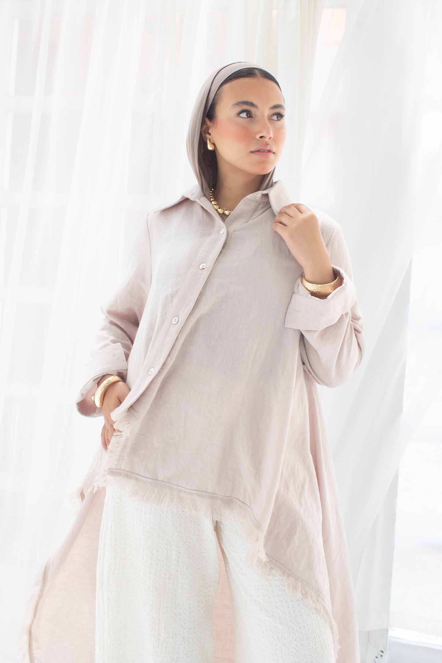 Boho high and low linen blouse in Beige