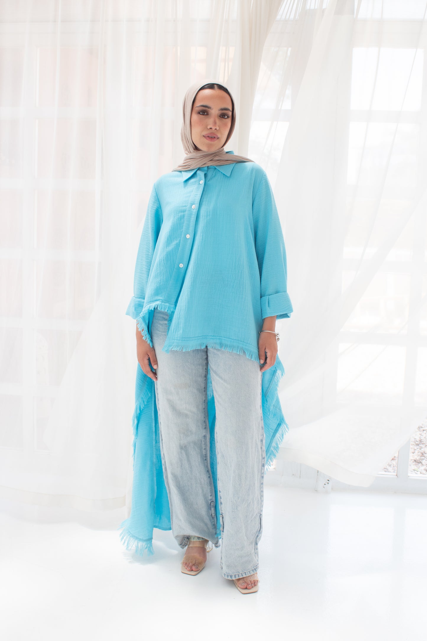 Boho high and low linen blouse in turquoise