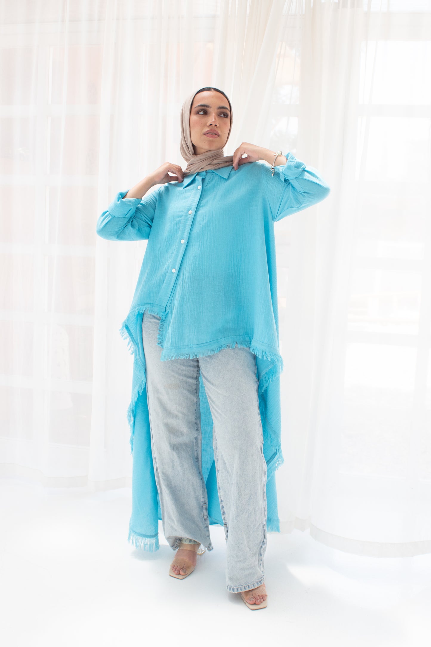 Boho high and low linen blouse in turquoise