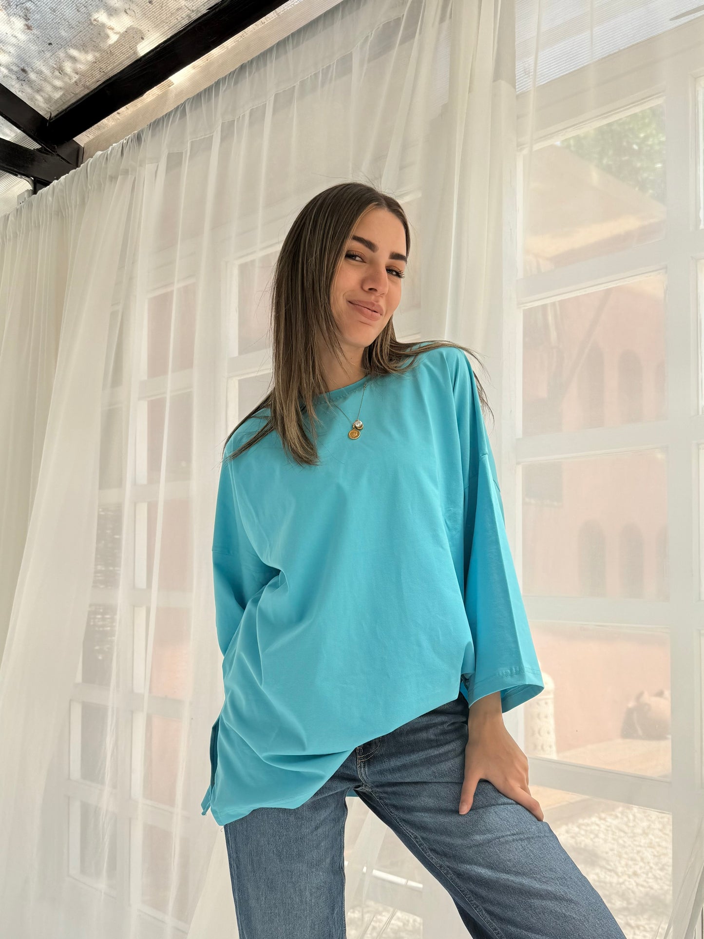 Cotton T-shirt in turquoise