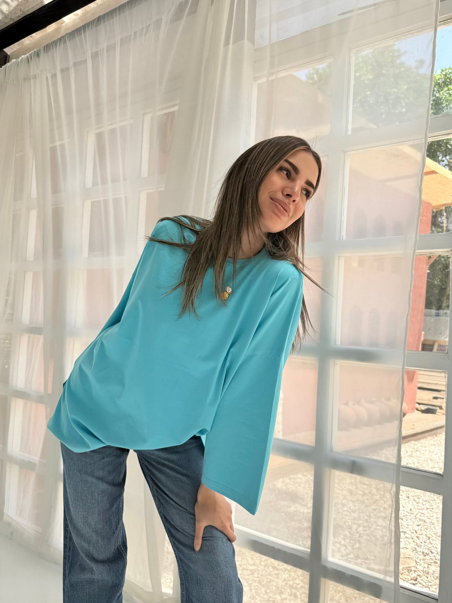 Cotton T-shirt in turquoise