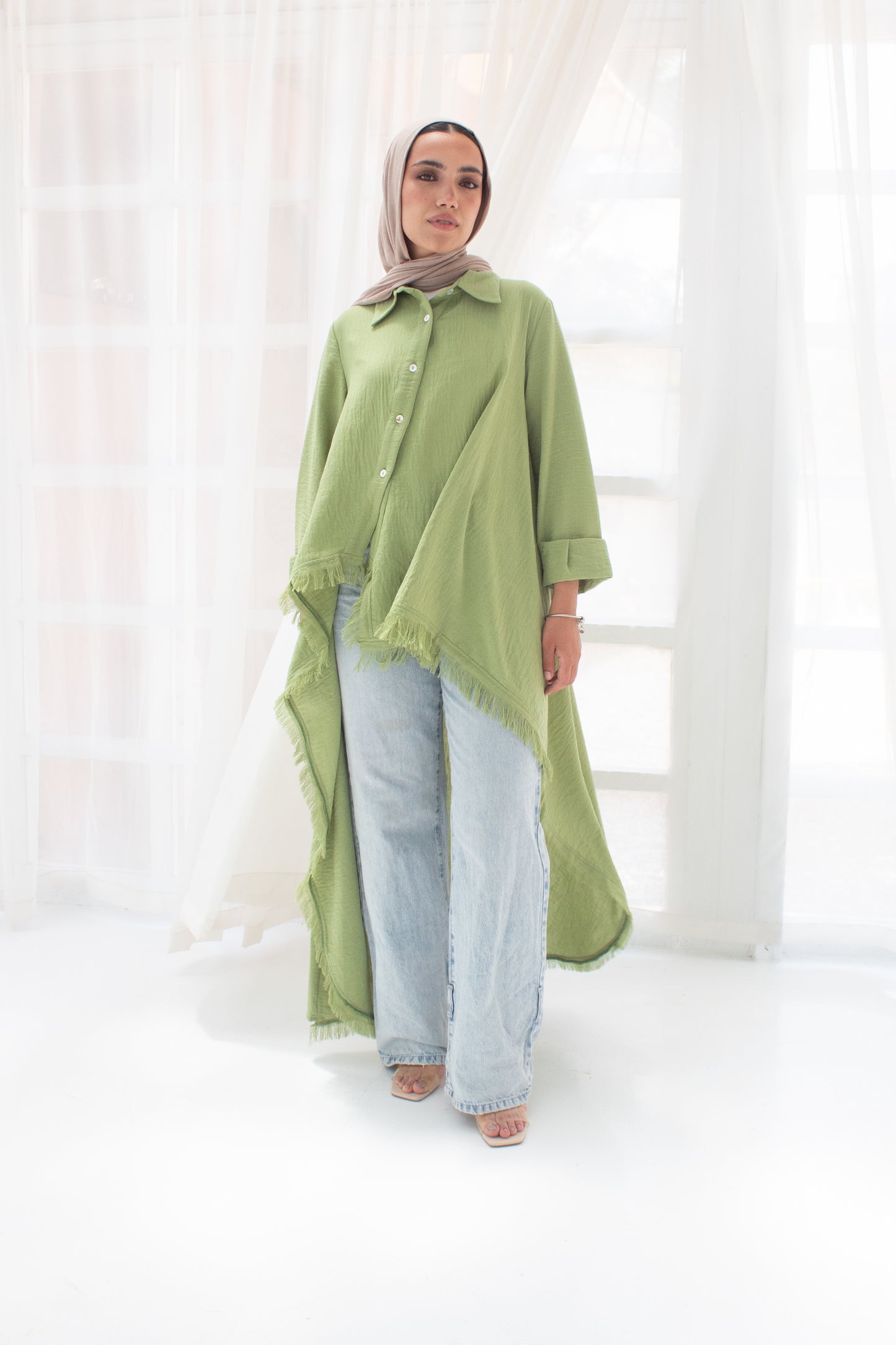 Boho high and low linen blouse in green