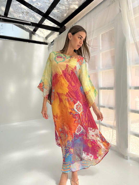 Colorful satin dress and cover up