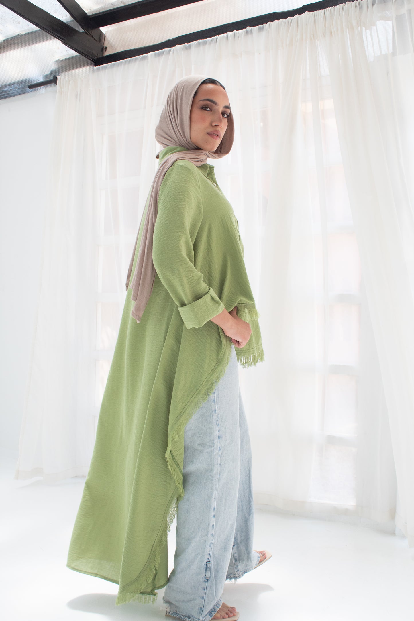Boho high and low linen blouse in green