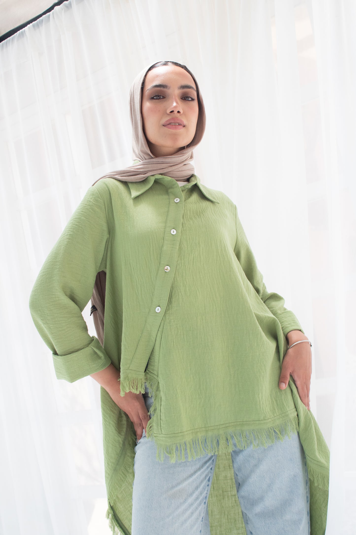 Boho high and low linen blouse in green