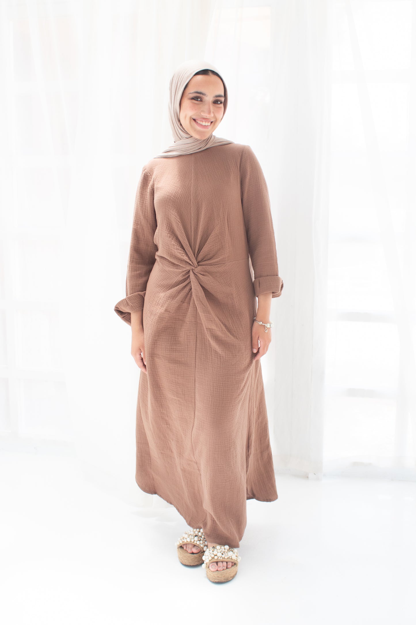 Sofia milky chocolate linen cotton dress