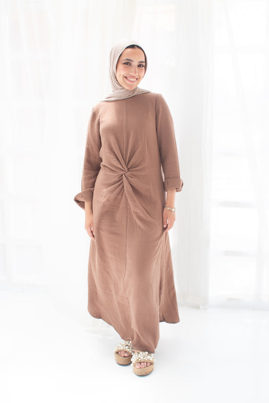 Sofia milky chocolate linen cotton dress