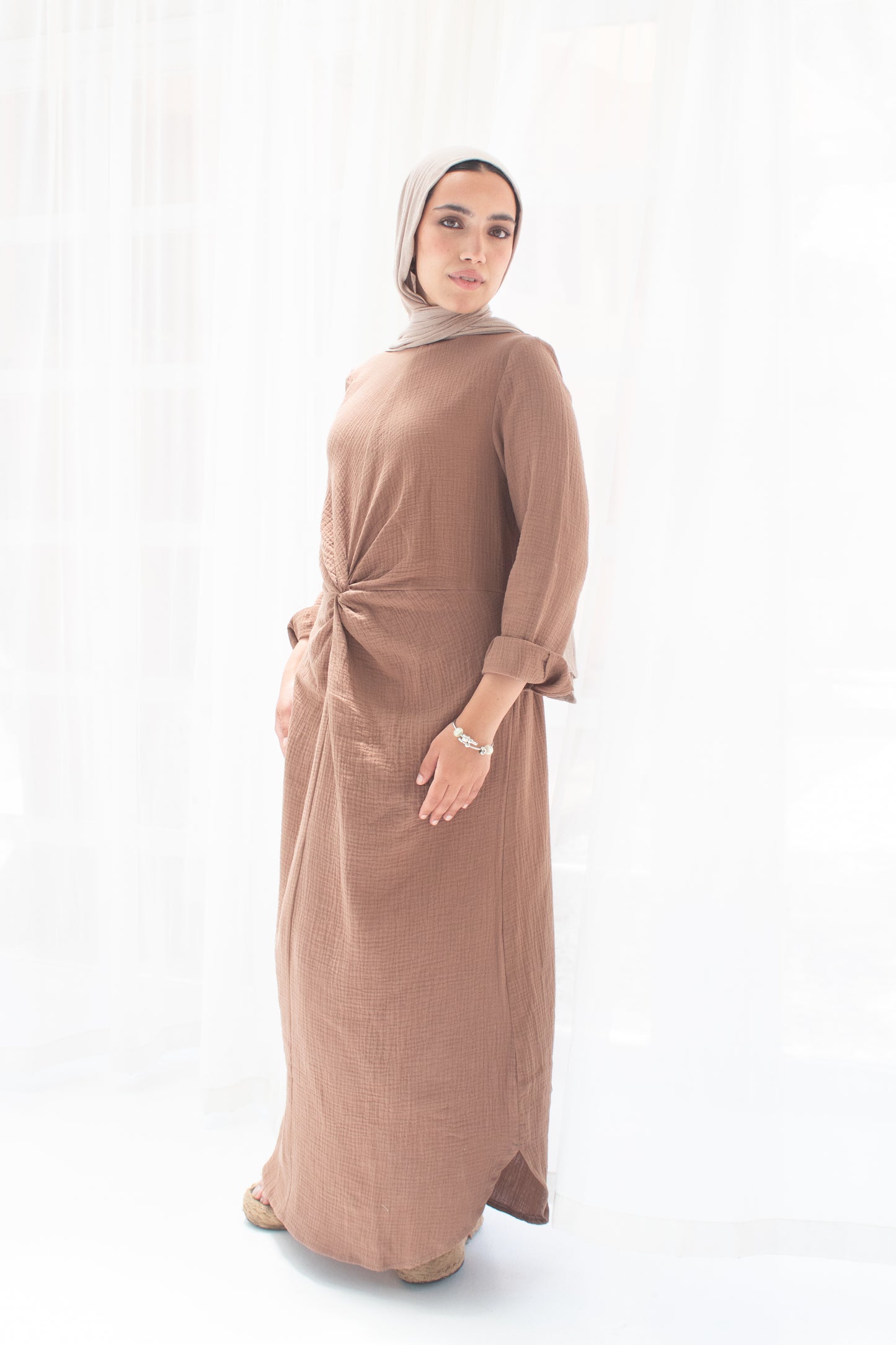 Sofia milky chocolate linen cotton dress