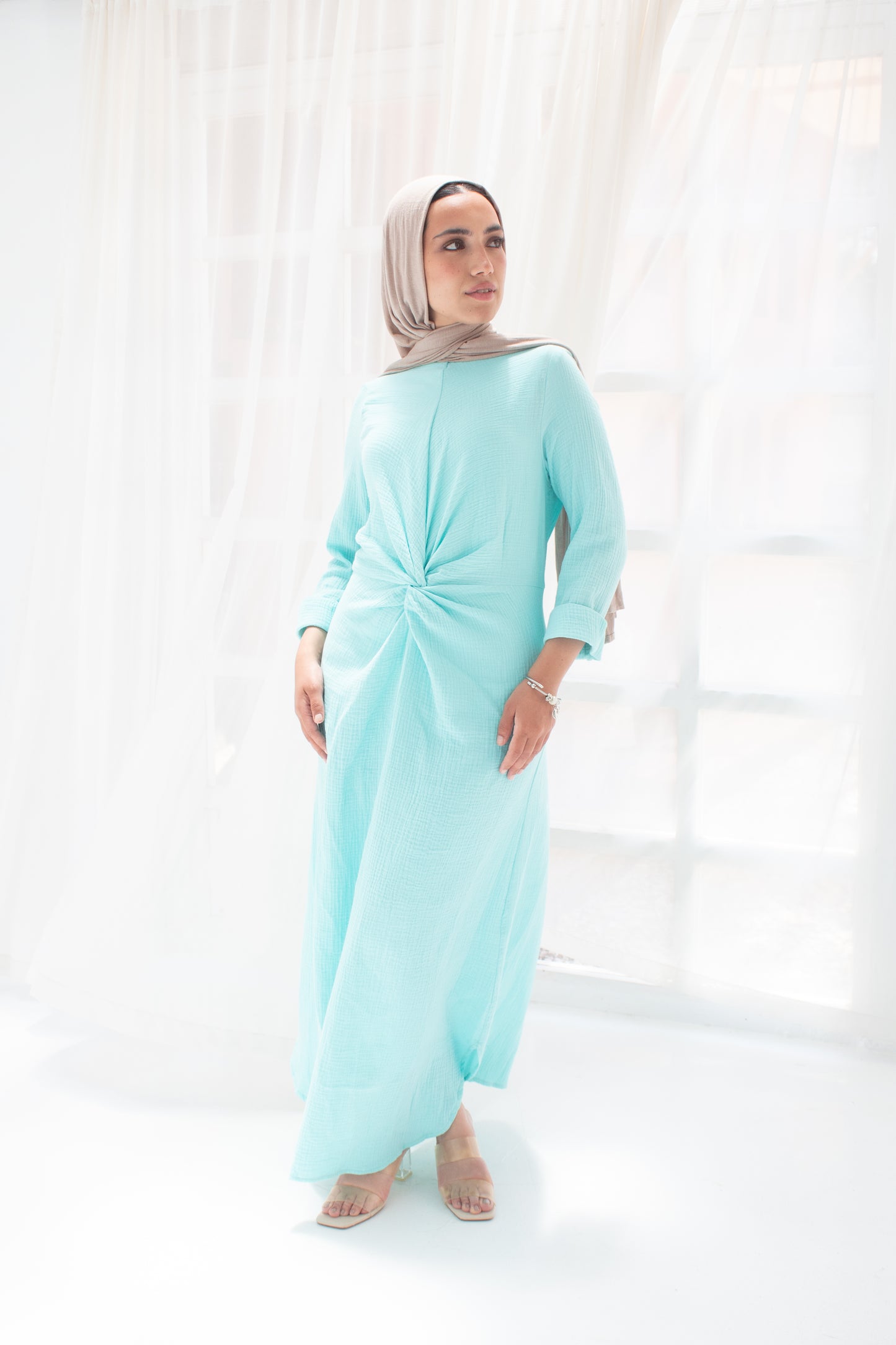 Sofia Pastel light turquoise linen cotton dress