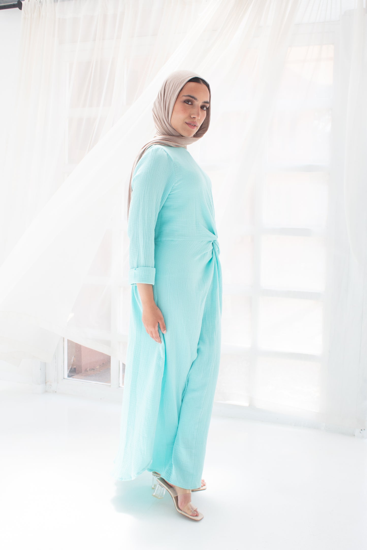 Sofia Pastel light turquoise linen cotton dress
