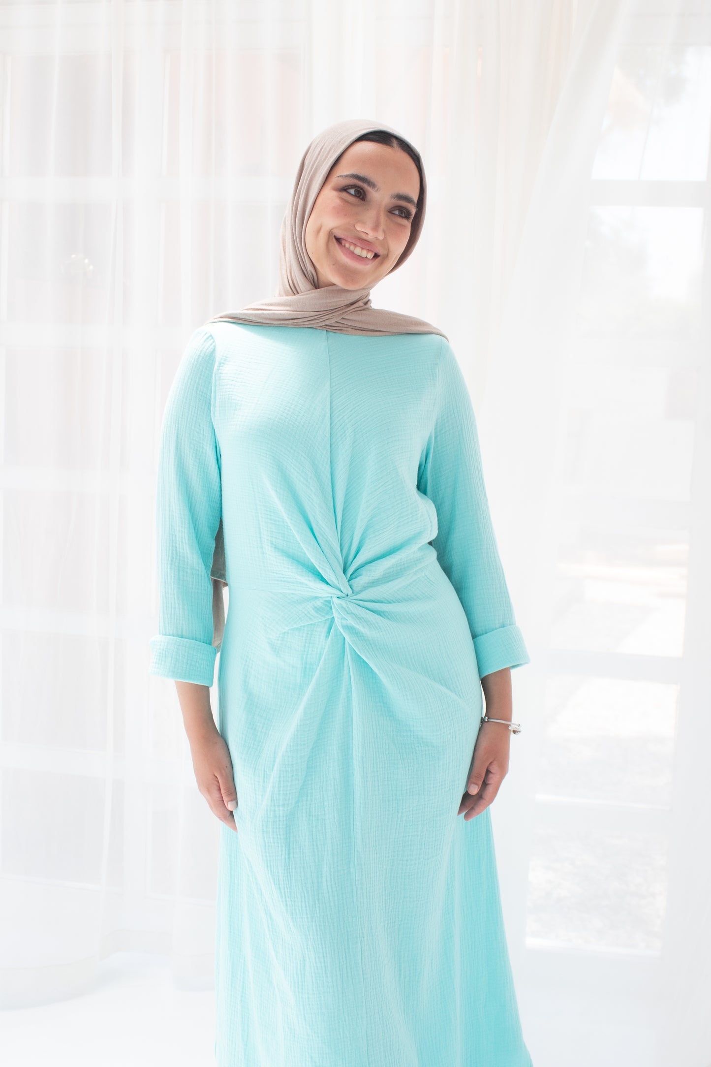Sofia Pastel light turquoise linen cotton dress