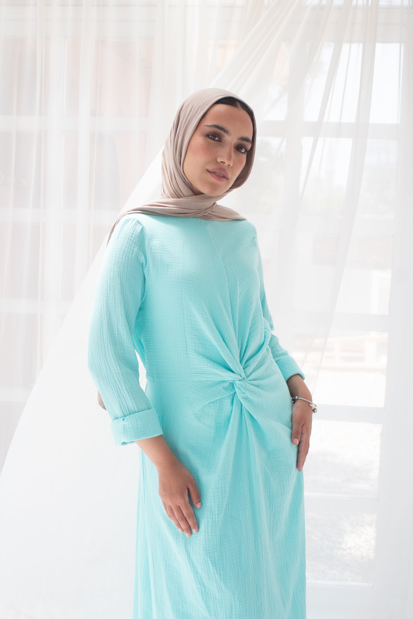 Sofia Pastel light turquoise linen cotton dress
