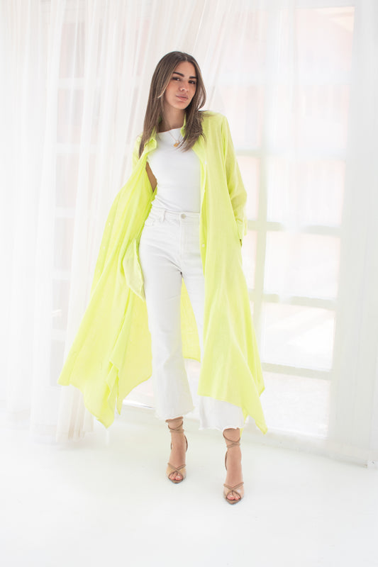 Lime yellow linen long shirt dress