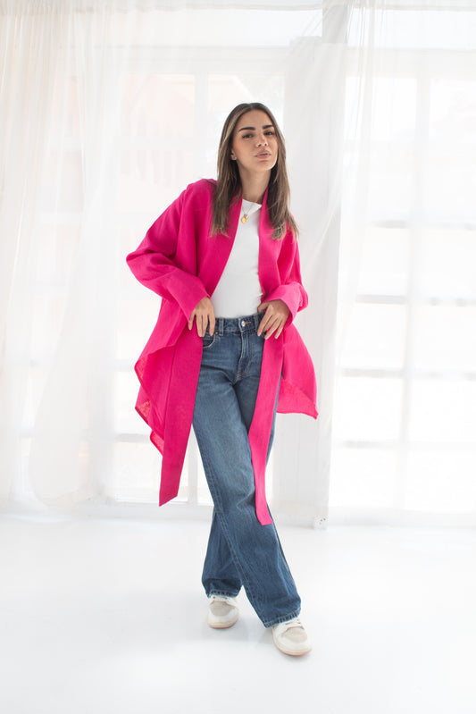 Pure linen cardigan in hot pink