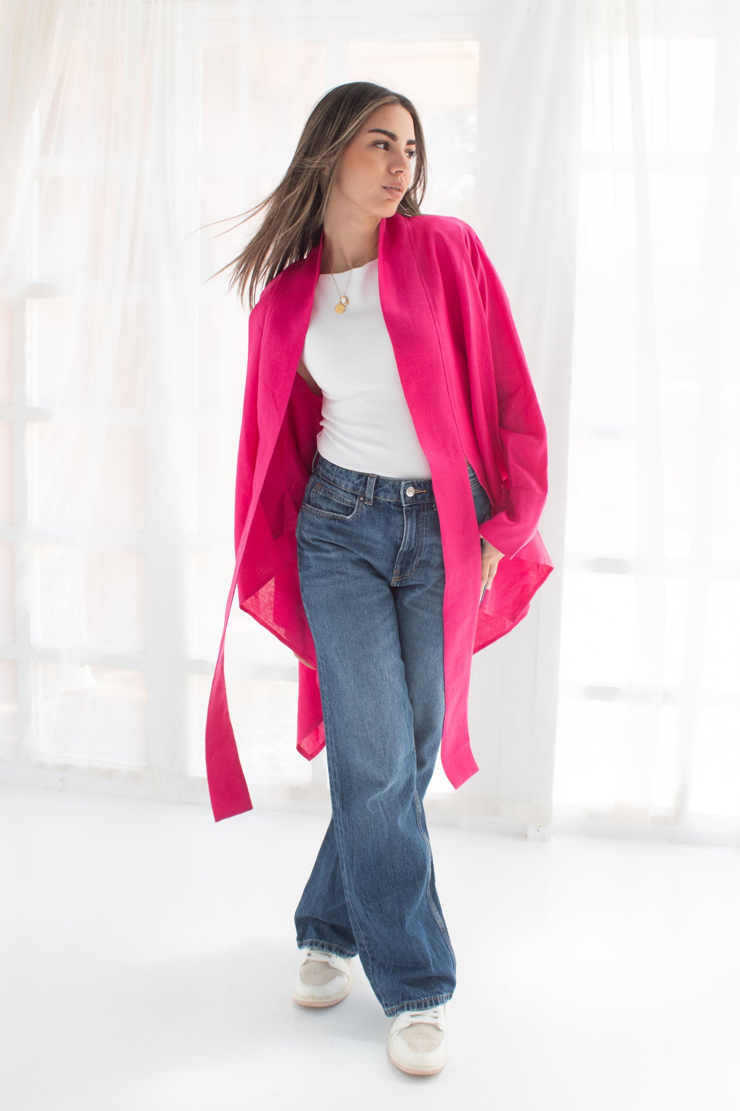 Pure linen cardigan in hot pink