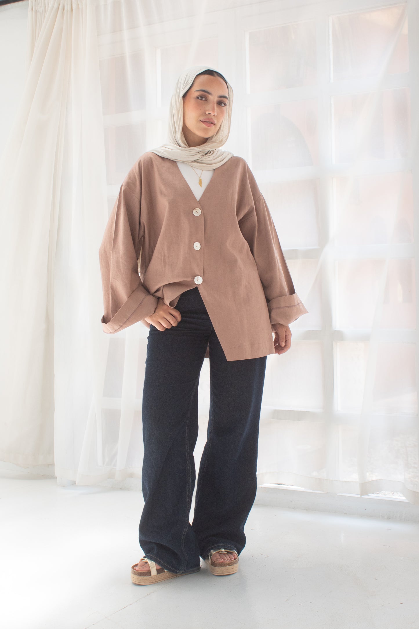 Brick brown pure linen jacket and cardigan