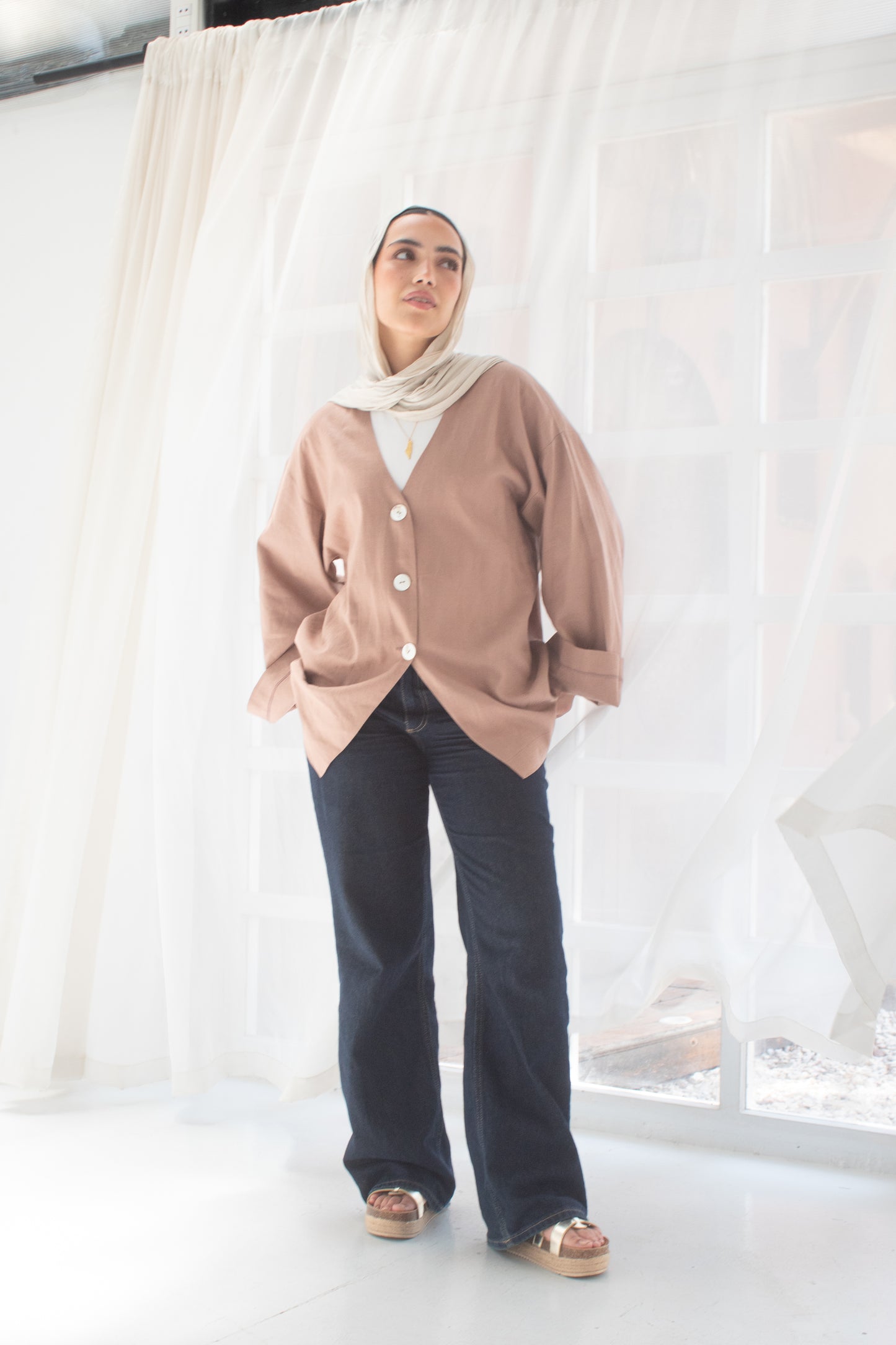 Brick brown pure linen jacket and cardigan