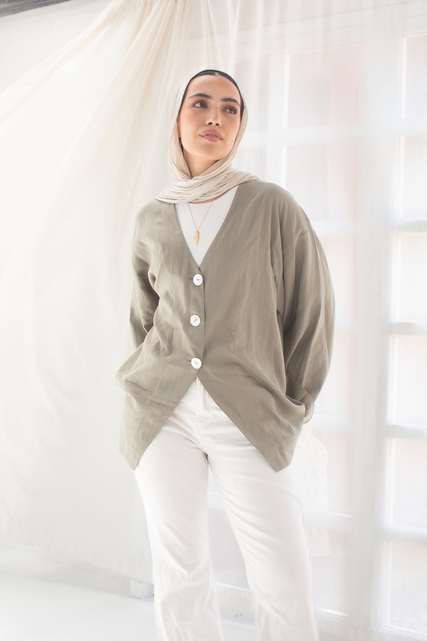 Olive pure linen jacket and cats