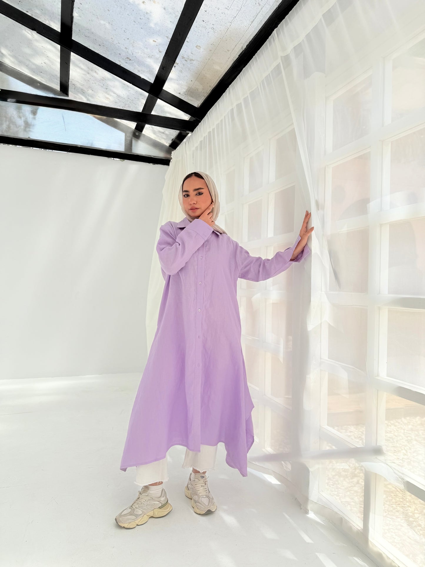 Lilac pure linen shirt dress